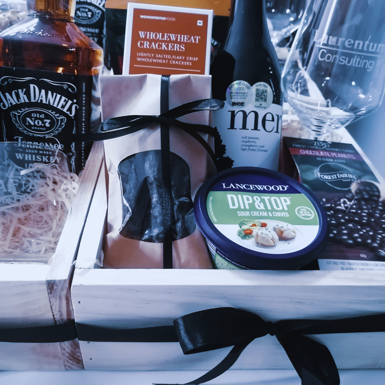 Wine, wine glass and Snack crate hamper( Non Alcoholic)