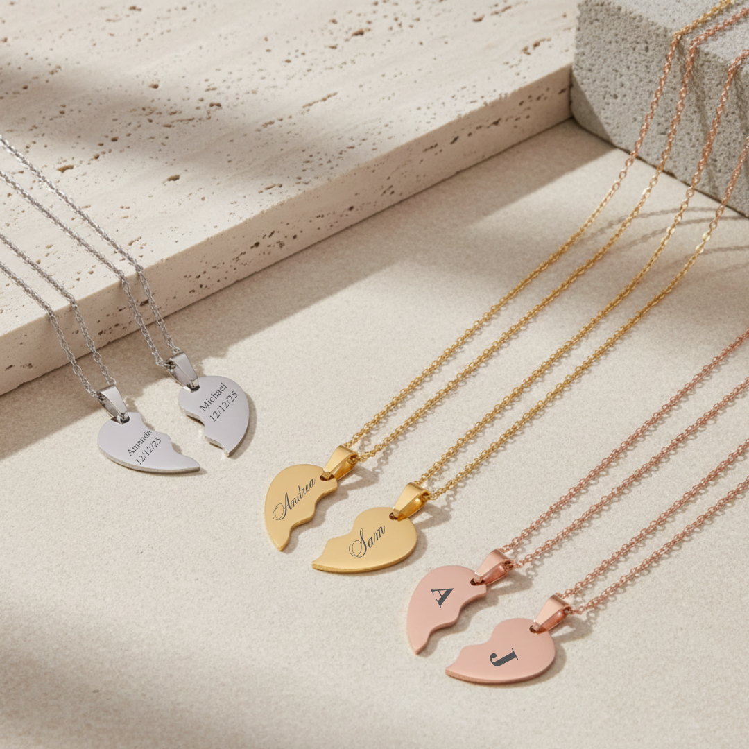 Engraved Heart Halves Necklace (Set)