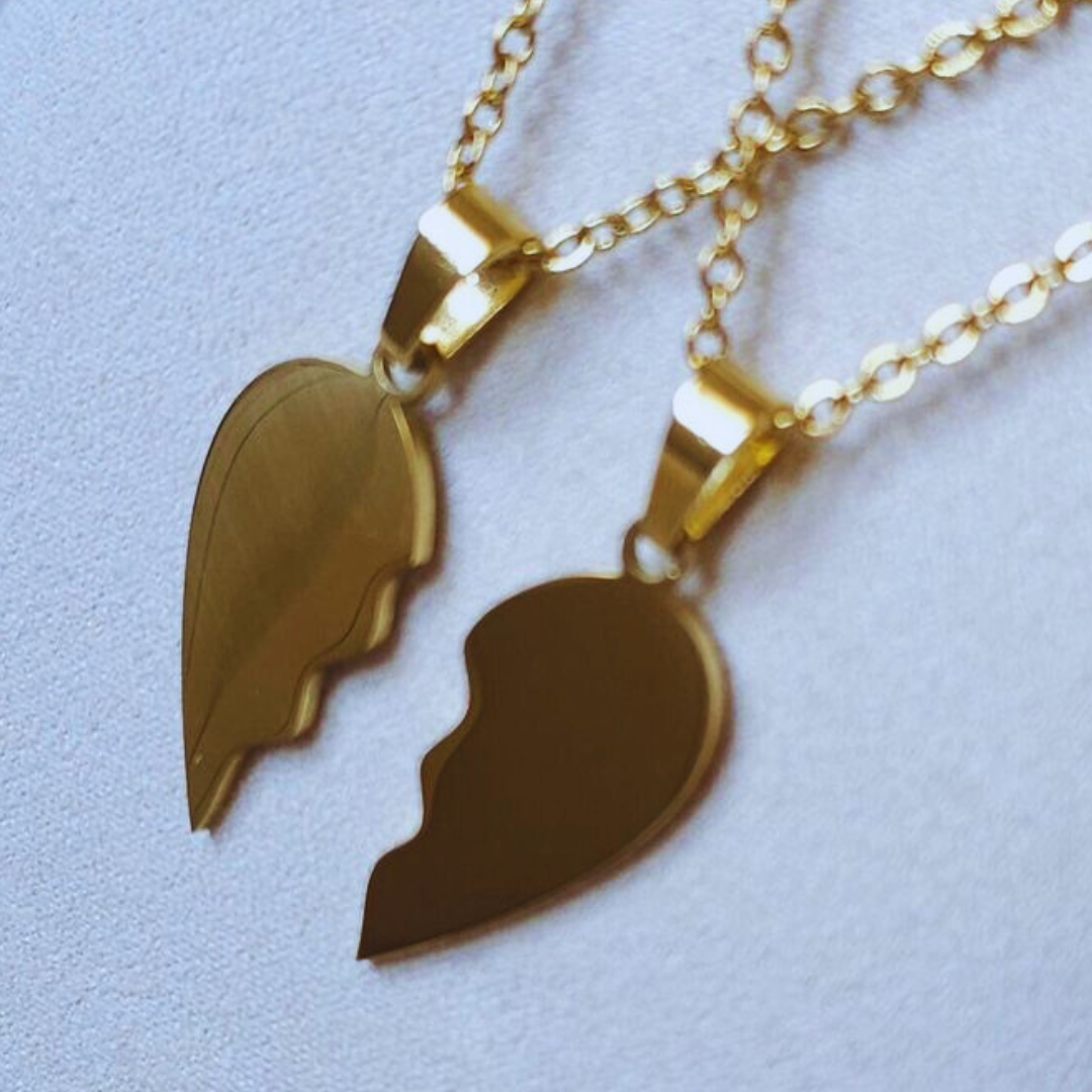 Engraved Heart Halves Necklace (Set)