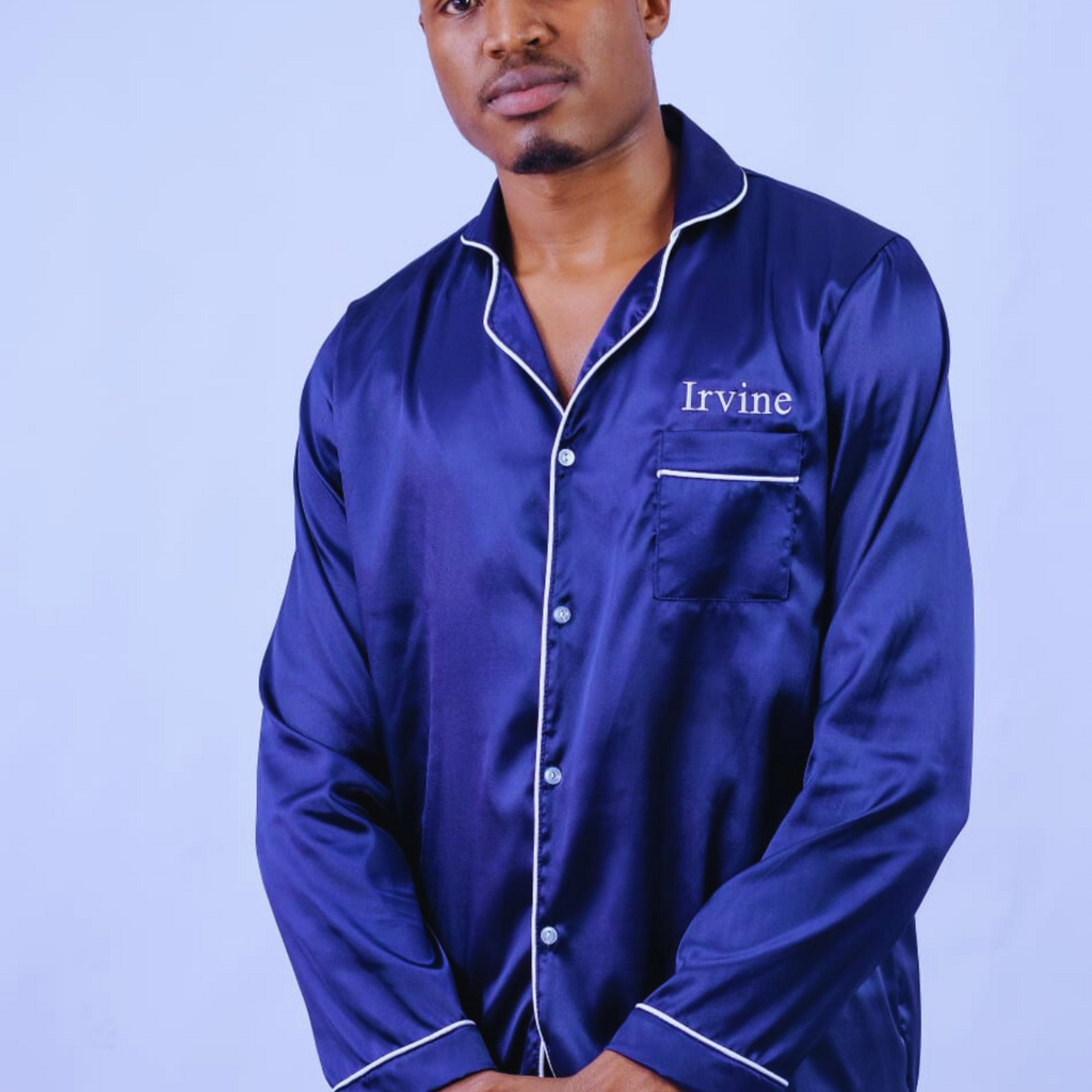 HOT Blue Silk Pyjama Set Men Silk Satin Pjs LORIAN'S Men's Silk