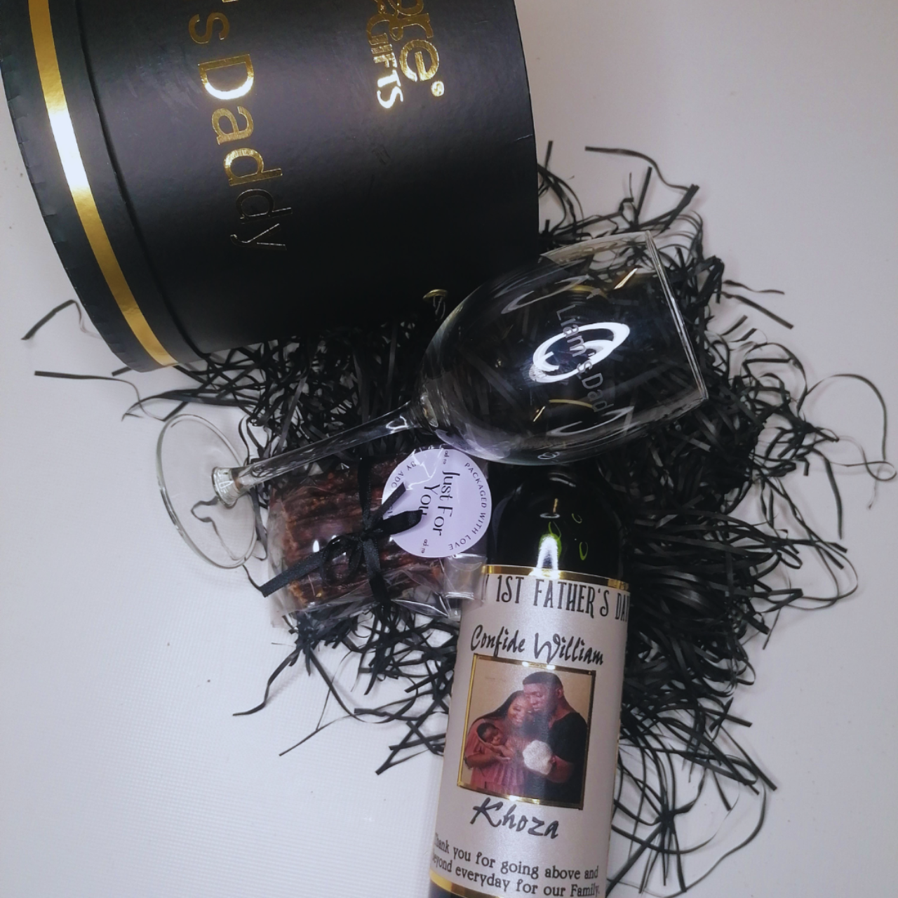 Personalised Wine ,Personalised Wine Glass & Biltong Box (Non Alcoholic)