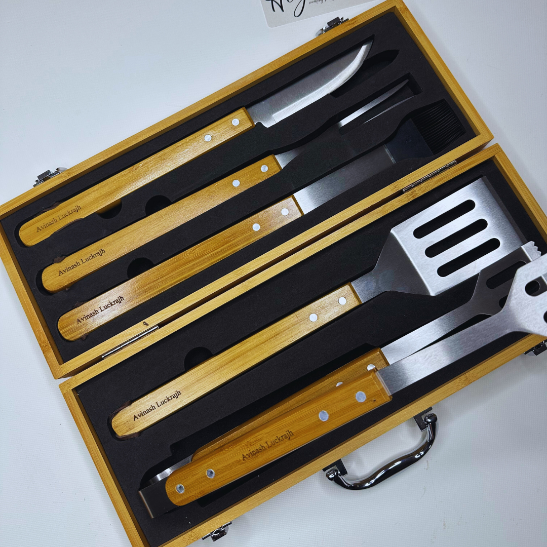 Adore Gifts set of barbecue tools in a wooden case on a white background