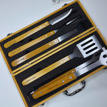 Adore Gifts set of barbecue tools in a wooden case on a white background